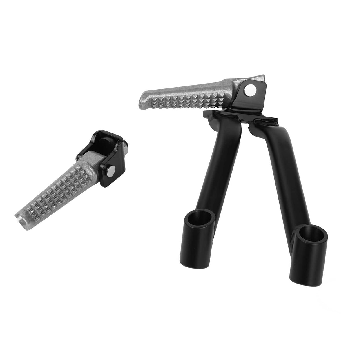 Rear passenger footrest pegs shown laid out: black rails with textured silver pads