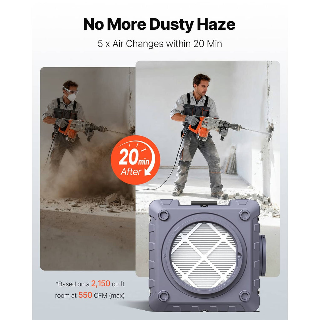 Compact gray HEPA air scrubber shown with front filter window and carrying base