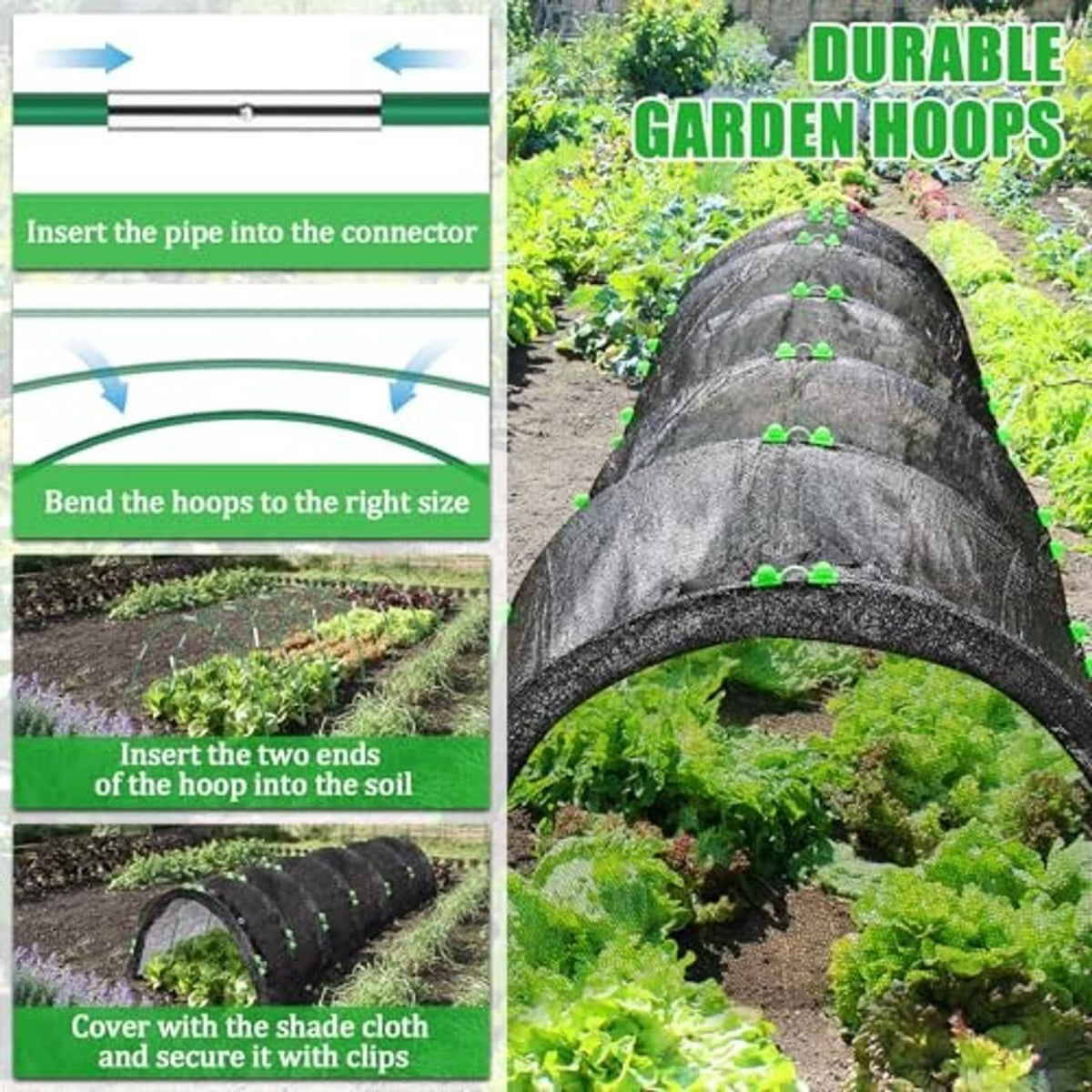 Garden shade cloth with hoops, dark gray fabric cover over plants with green connectors and arches
