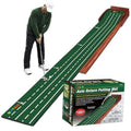 Golf putting mat set: green striped track on brown wooden base, with practice hole pockets