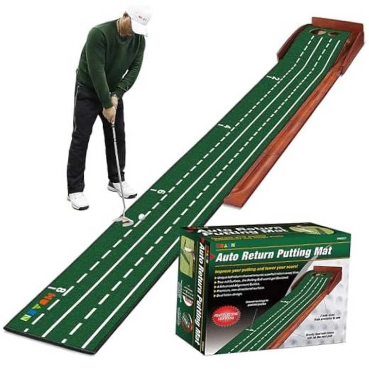 Golf putting mat set: green striped track on brown wooden base, with practice hole pockets