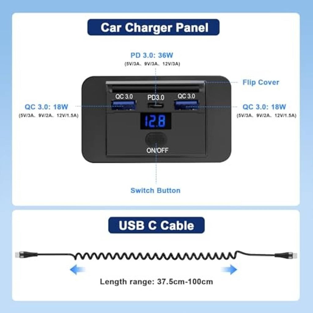 Black 3-port 12V USB car charger panel with flip cover, QC/PD ports, voltmeter