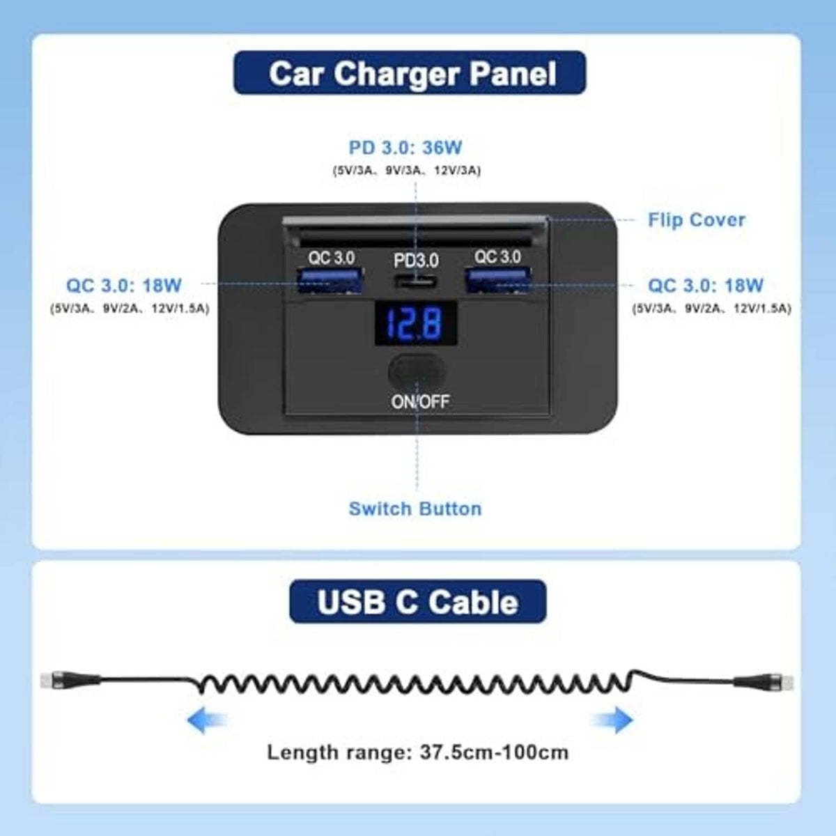 Black 3-port 12V USB car charger panel with flip cover, QC/PD ports, voltmeter
