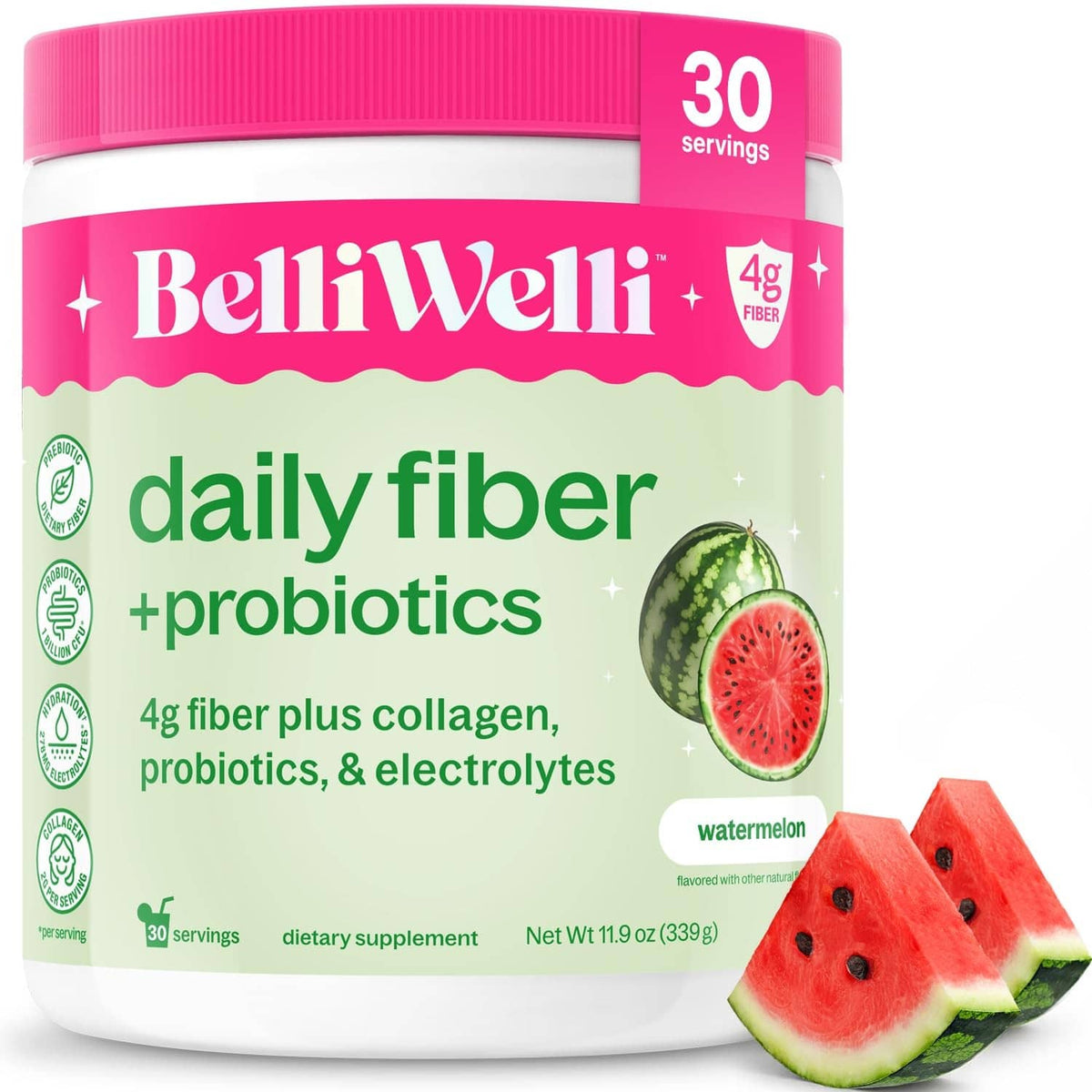 BelliWelli daily fiber + probiotics powder tub, 30 servings, watermelon flavor