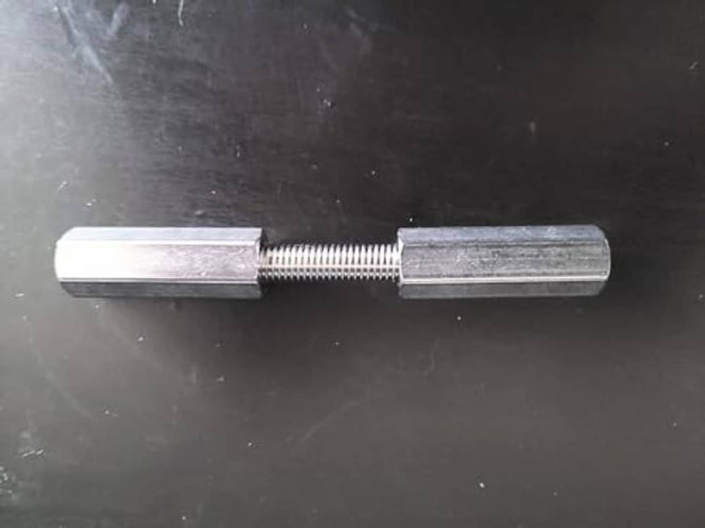 Threaded rod with a hex coupling nut centered, brushed silver metal