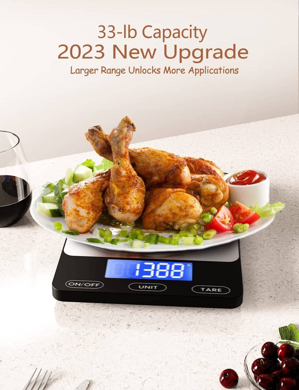Digital kitchen scale with a plate of food on the stainless platform, blue display.