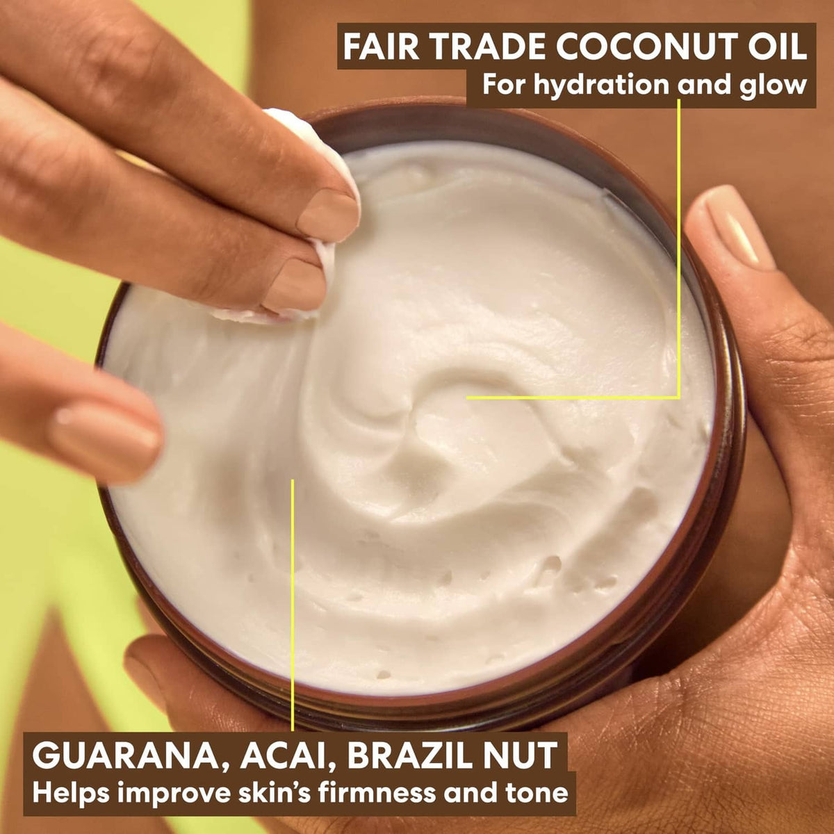 Palmer's Brazilian Coco Cream jar with thick white cream on fingers
