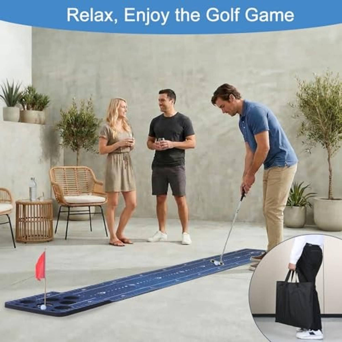 Blue golf putting mat with flag and circular hole grid; storage bag included
