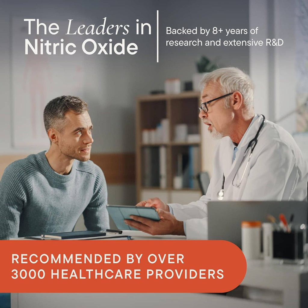Healthcare office scene with doctor and patient and nitric oxide kit research claim text