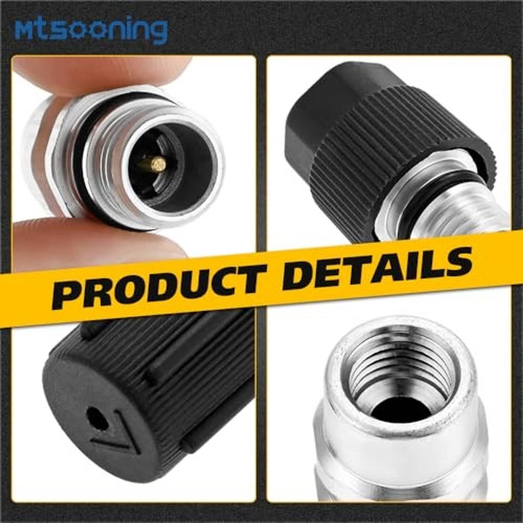 Black textured port cap with metal valve core and internal threads on a chrome fitting