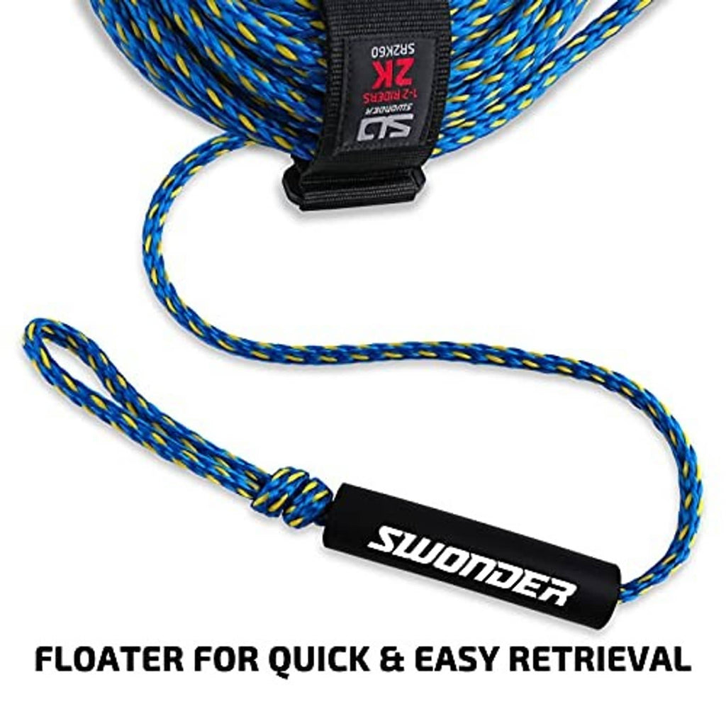 Tow rope end float, black SWONDER float weight with blue and yellow braided line