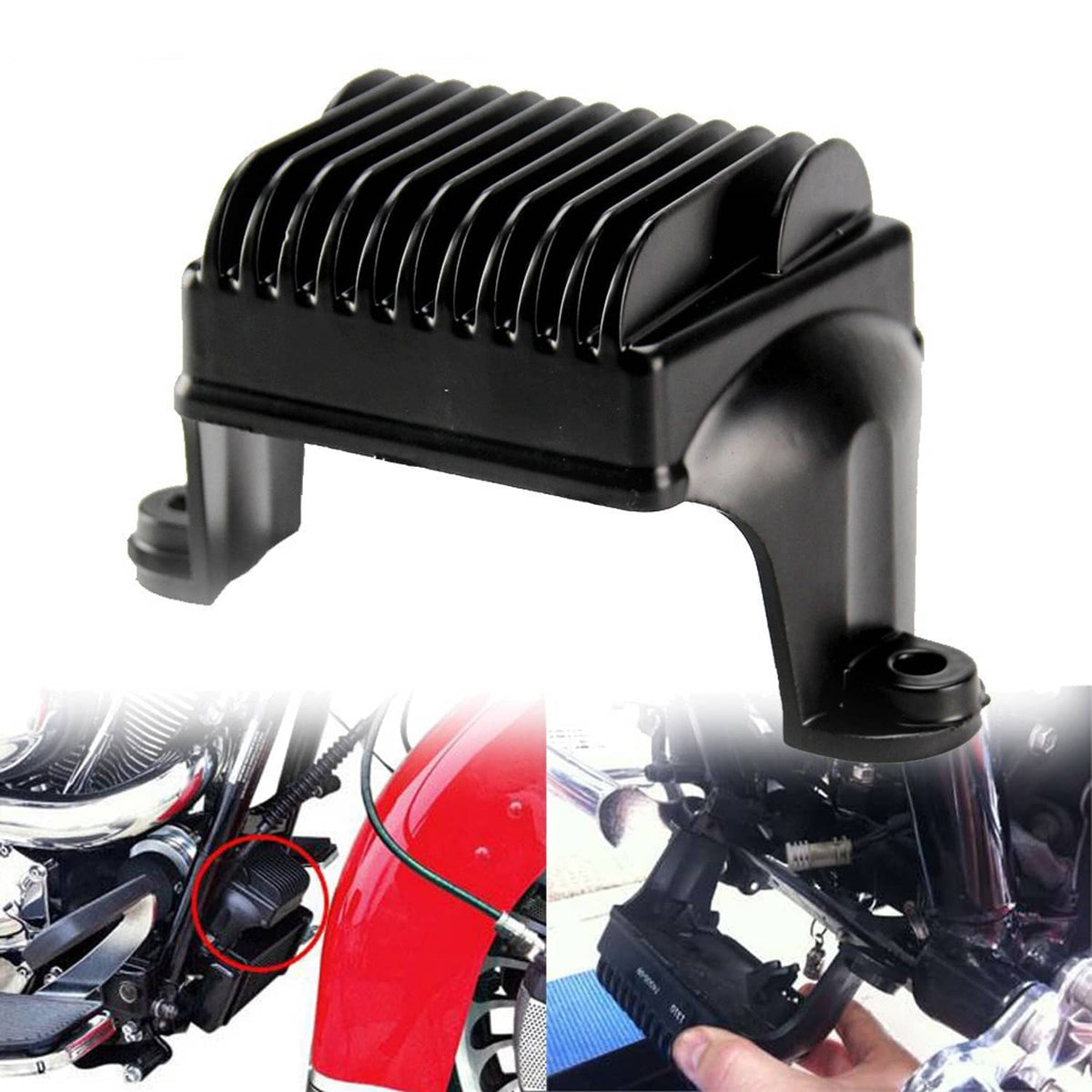 Black voltage regulator rectifier with cooling fins and side mounting posts