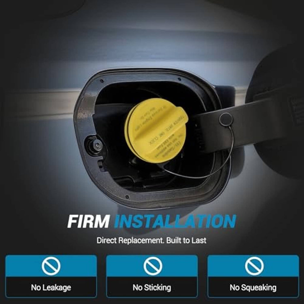 Installed yellow fuel tank gas cap with black hinge and visible tether