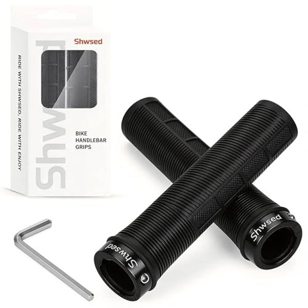 Black ribbed bike handlebar grip pair with end caps and included hex key