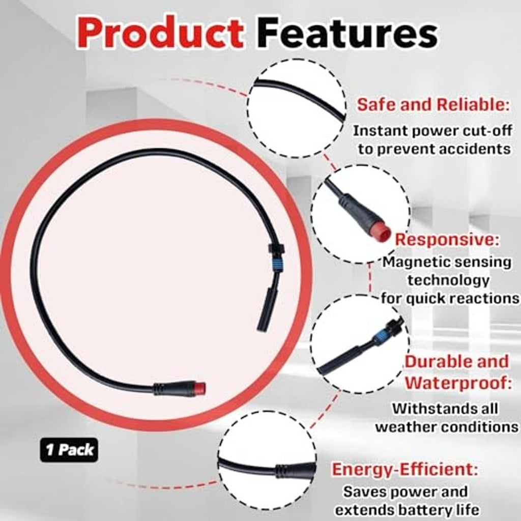 Black magnetic brake sensor cable with red-tipped connector and blue-striped 2-pin plug