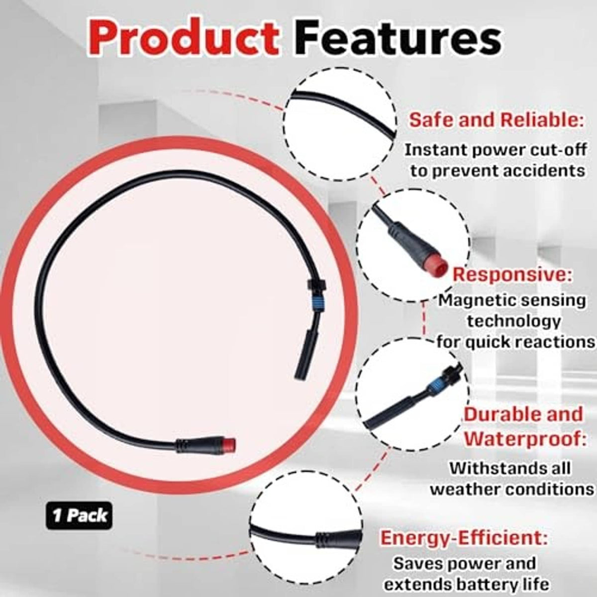 Black magnetic brake sensor cable with red-tipped connector and blue-striped 2-pin plug