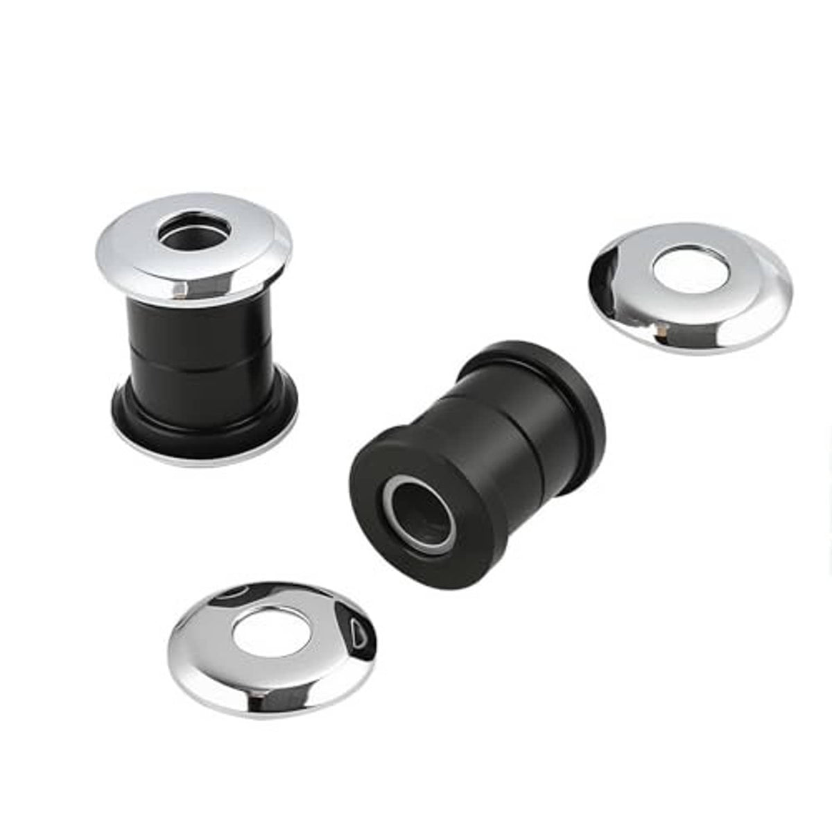 Handlebar riser bushing kit components: black sleeves, chrome caps, and hole openings