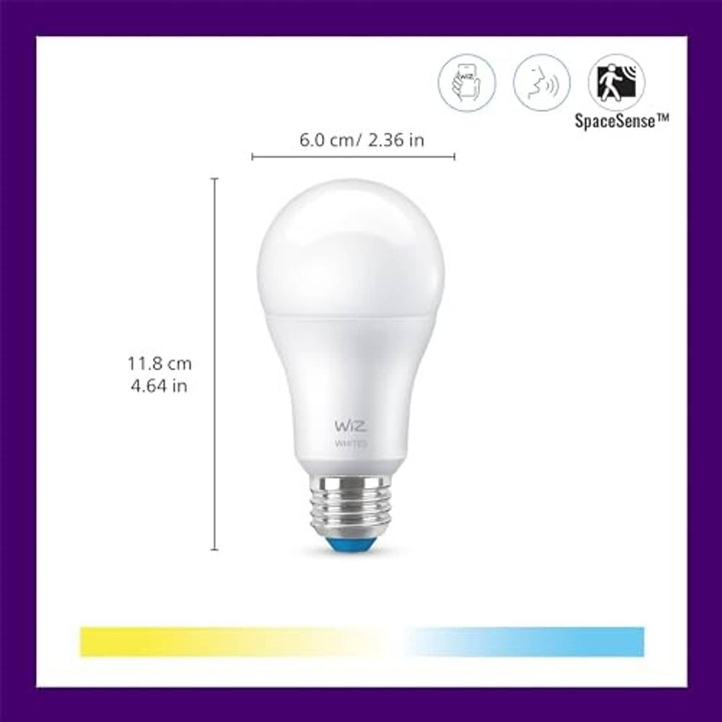 WiZ A19 tunable white smart LED bulb with size diagram and base view