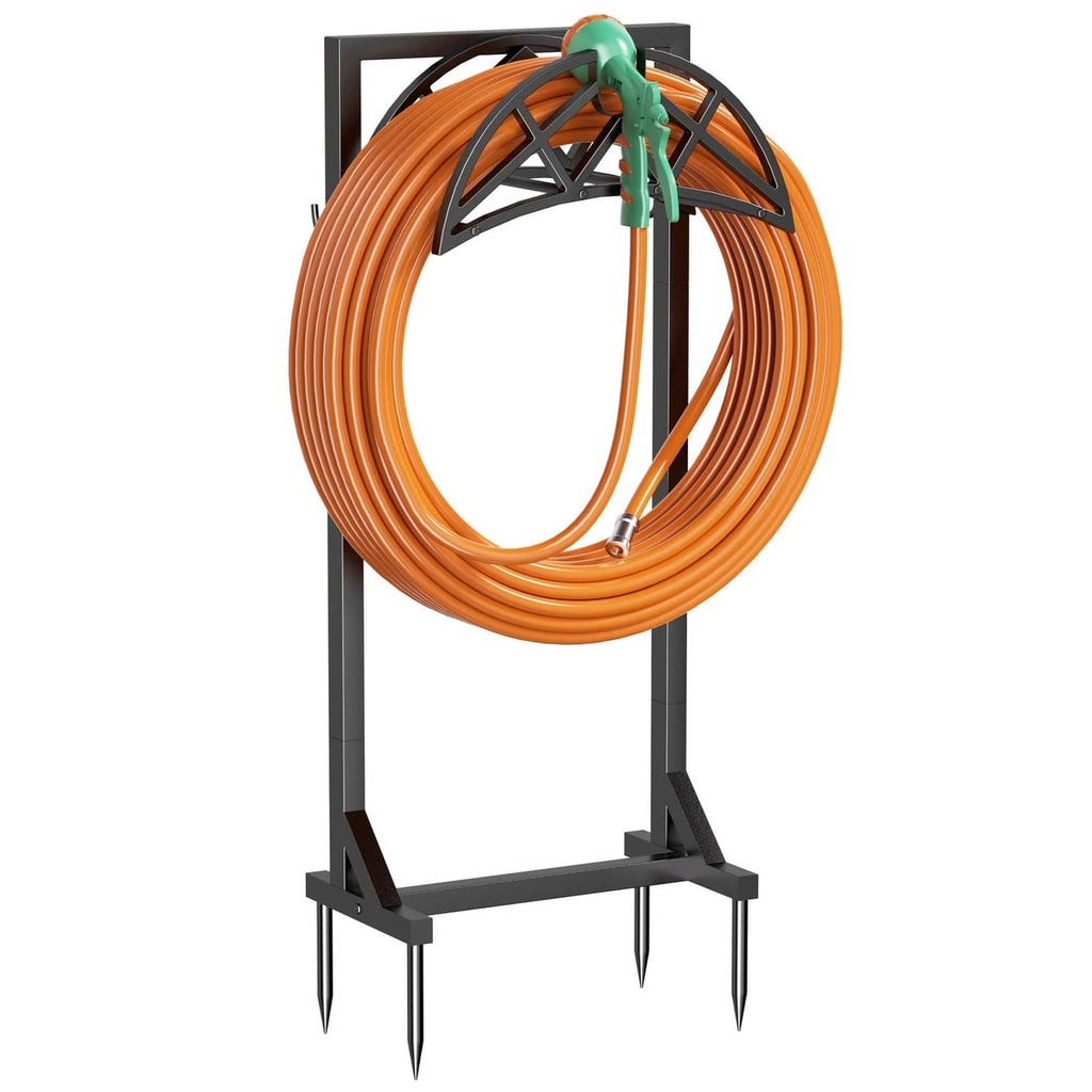 Orange coiled garden hose on black freestanding holder stand with green nozzle and spikes.