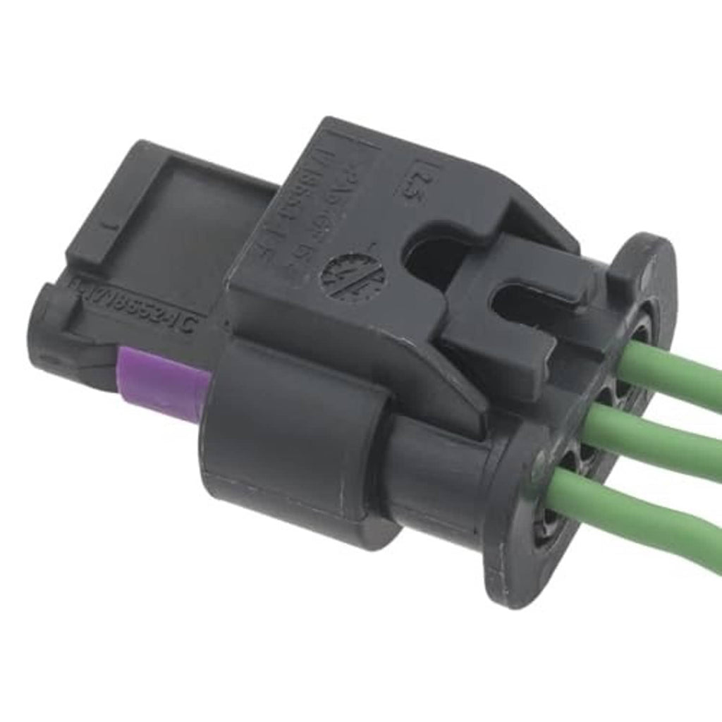 Pigtail wiring harness connector with black housing and green wire leads