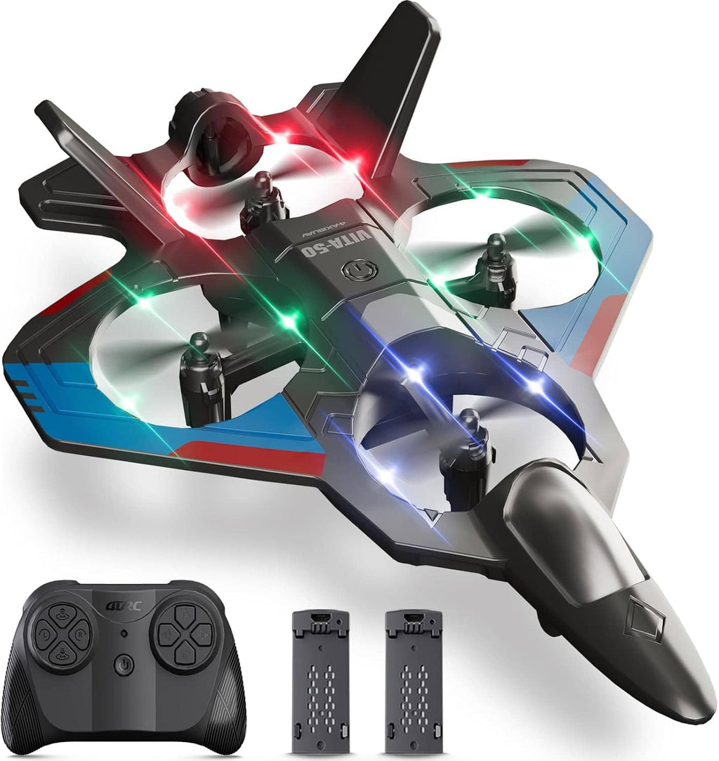 RC foam remote control airplane with LED lights, remote controller, and two batteries
