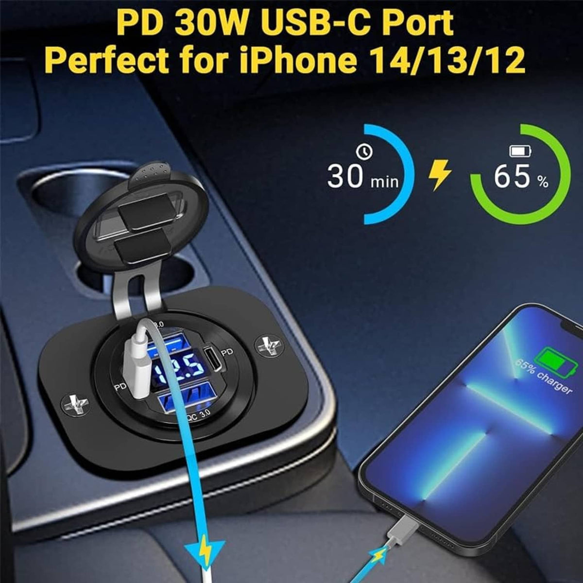Car dashboard USB outlet charger with dual ports and blue LED display, black