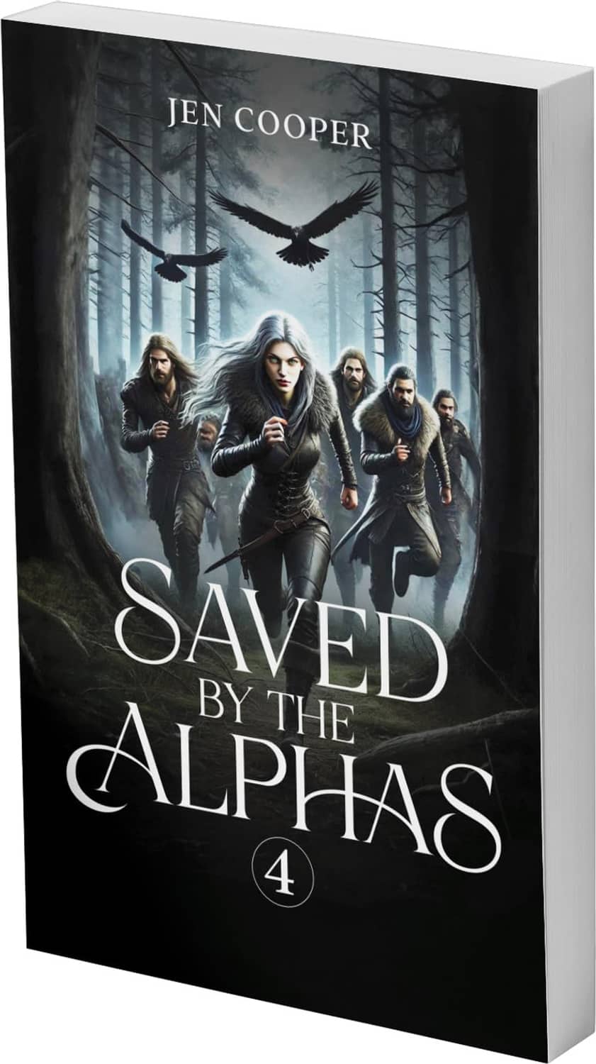 Saved by the Alphas paperback, Book 4 front cover with group of characters in forest