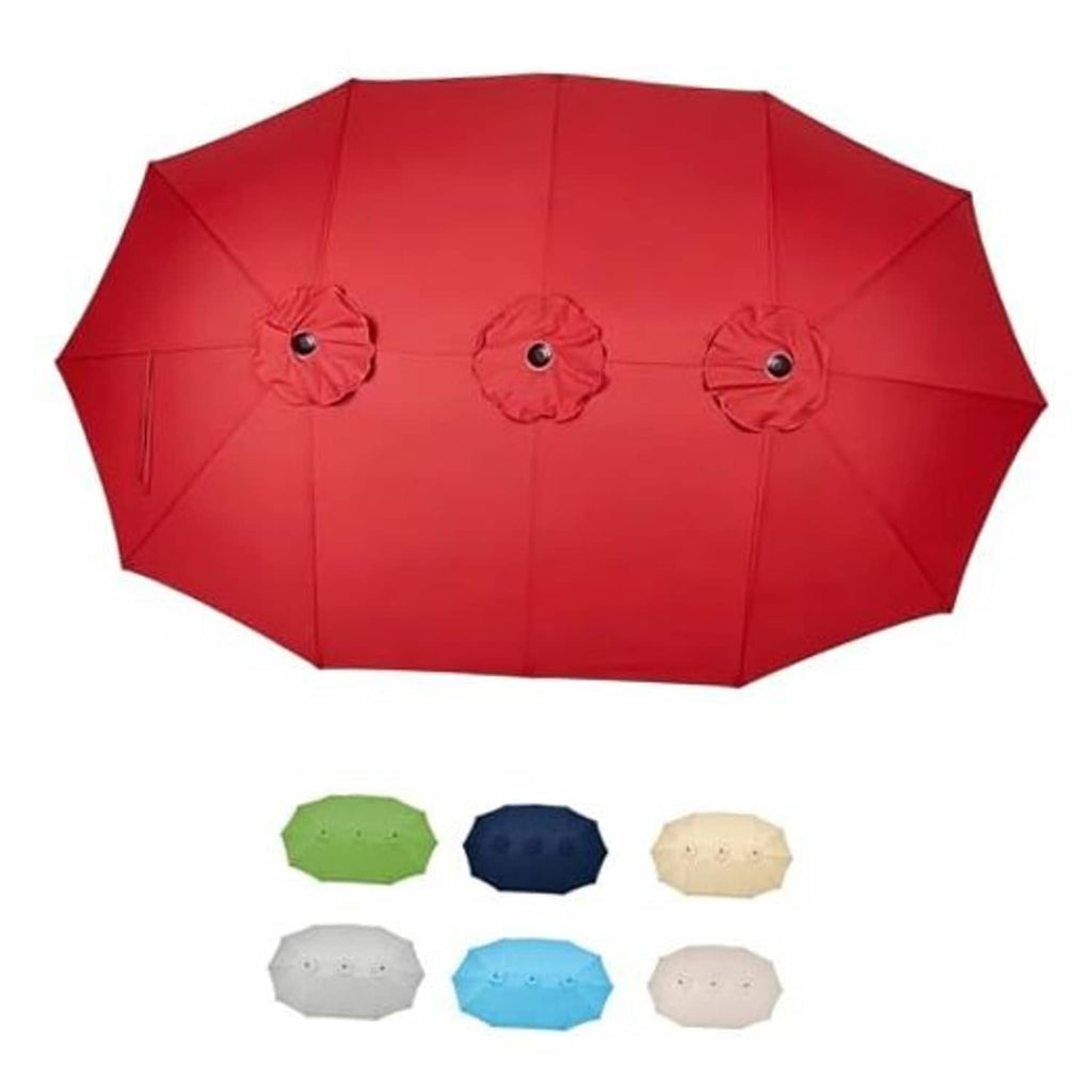 Red double-sided patio umbrella canopy with three flower-style vent grommets
