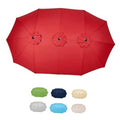 Red double-sided patio umbrella canopy with three flower-style vent grommets