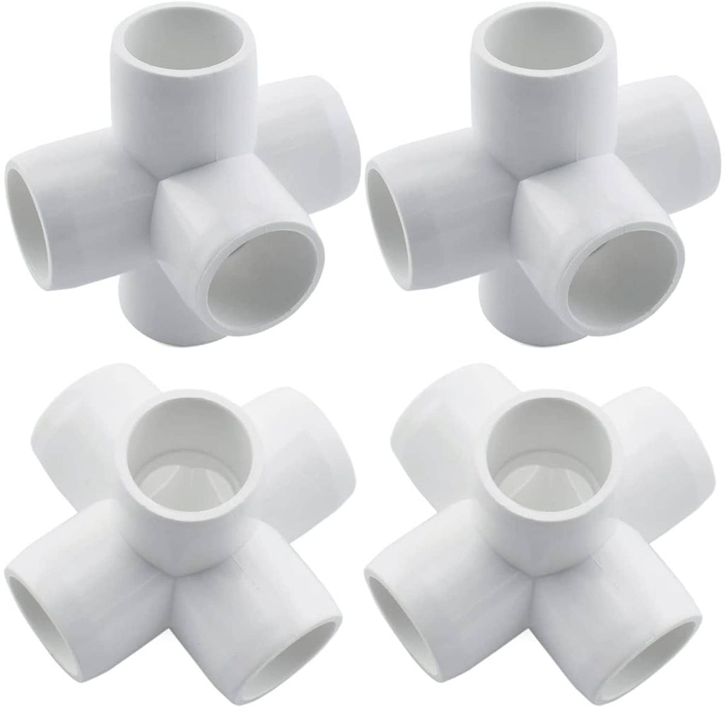 White 3/4 in PVC 4-way pipe fitting cross, four fittings close-up