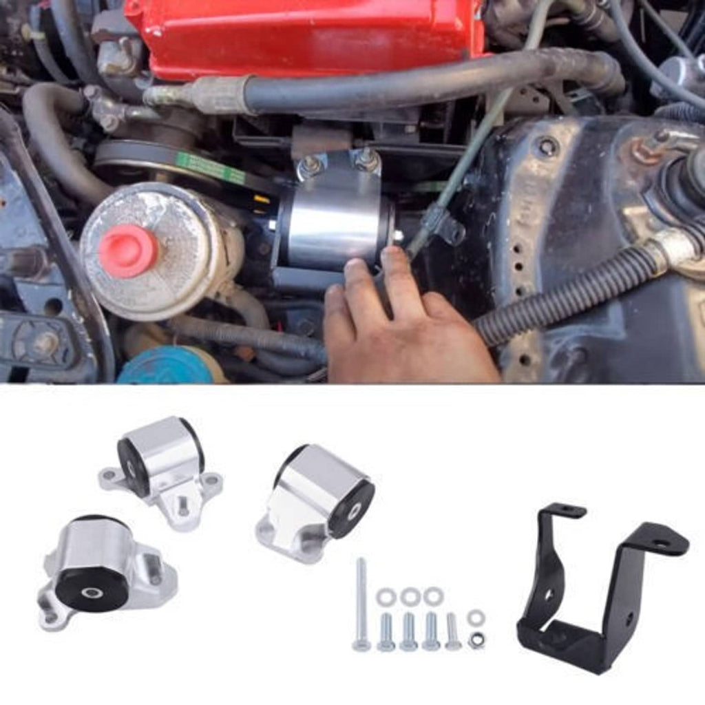 Engine motor mount kit parts: silver mounts, black brackets, and bolts for installation