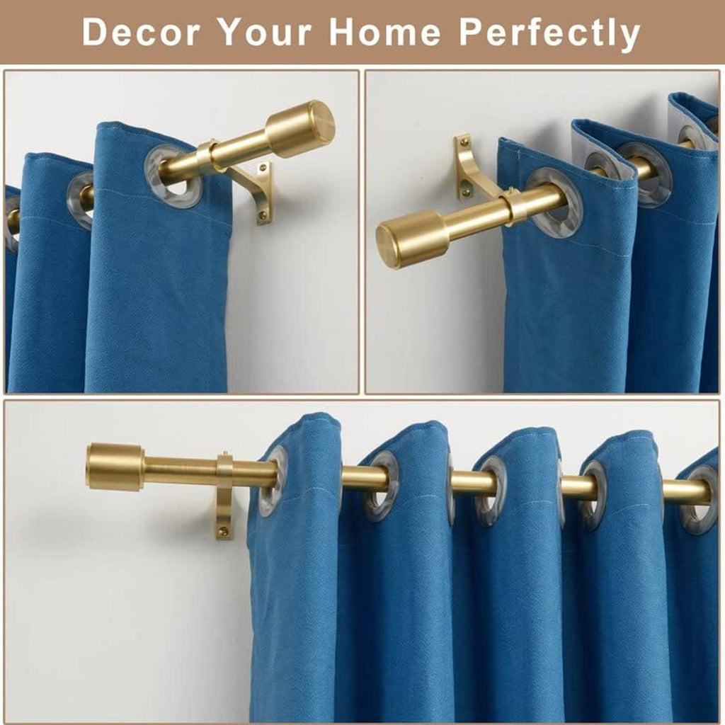 Gold curtain rod with cylindrical cap finials and two brackets on blue curtains