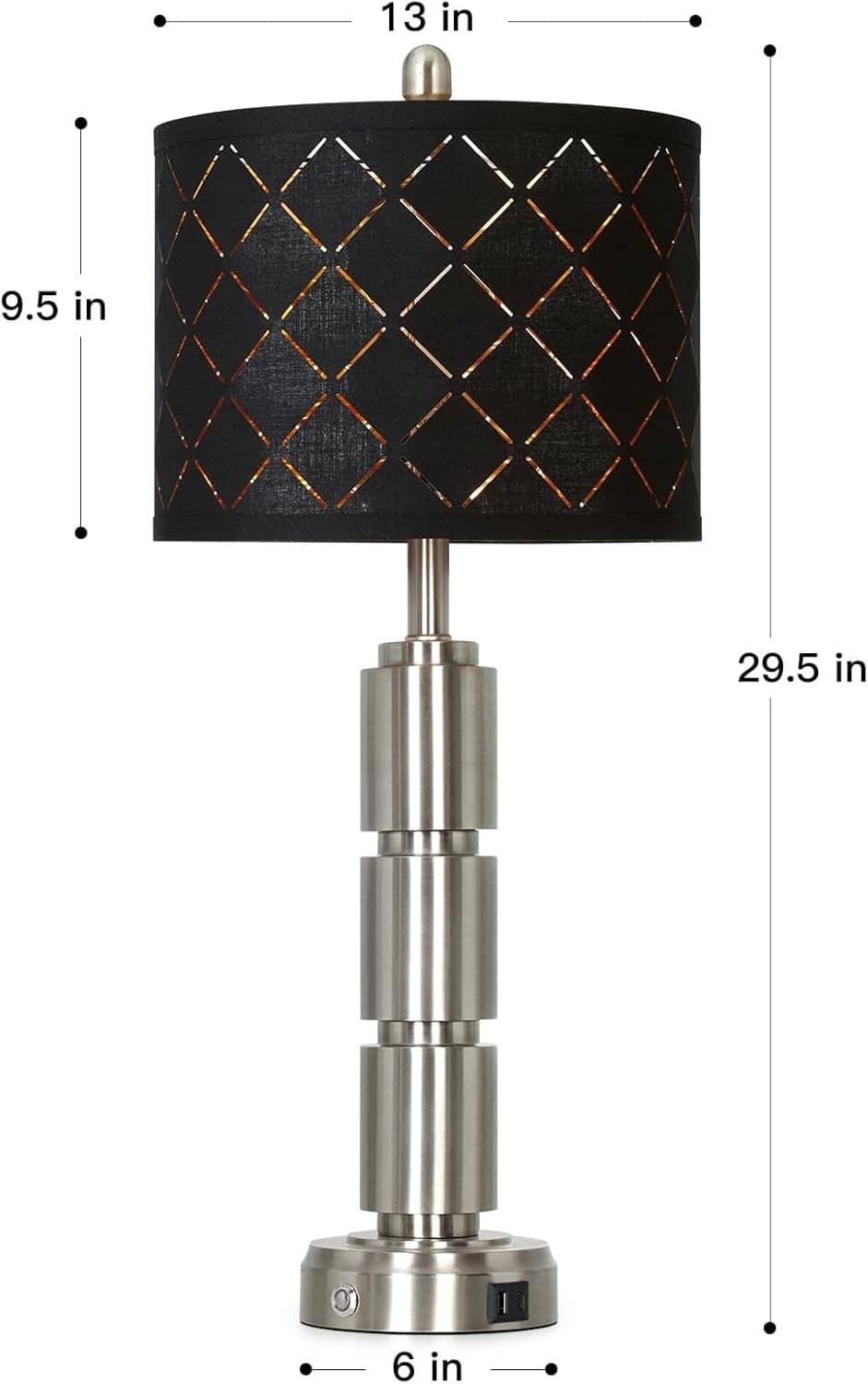 Black diamond-pattern table lamp shade with brushed metal stacked column base, 29.5 in tall