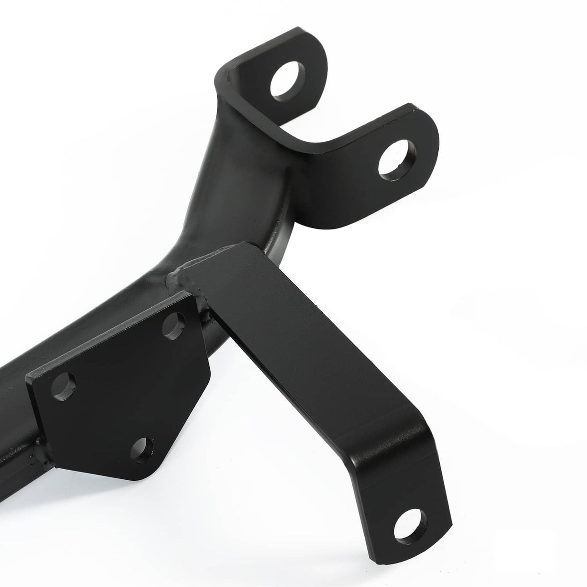 Black steel axle lift bracket end with weld seam and mounting holes