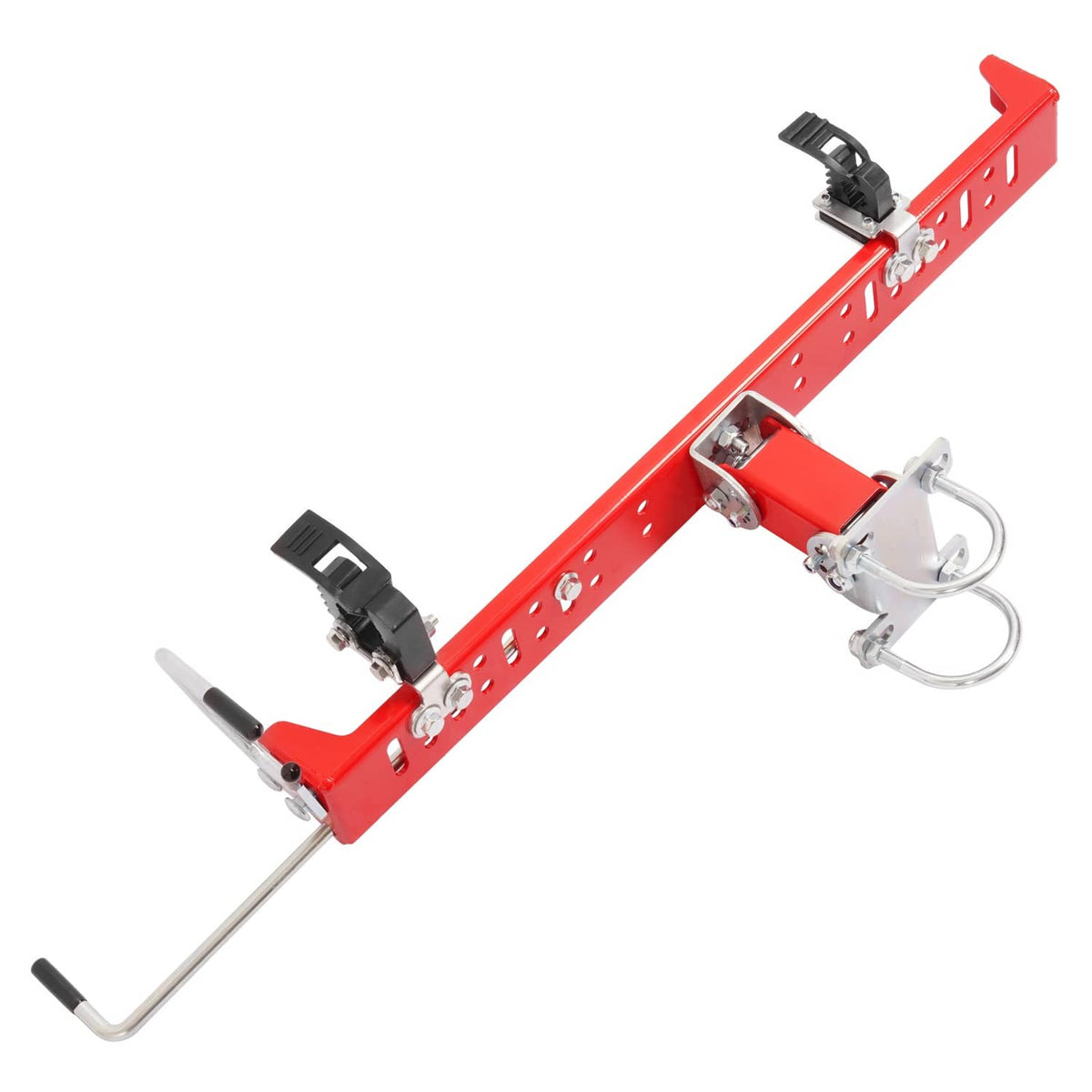 Red trimmer rack attachment with silver clamps, U-bolt support, and side mounting bracket
