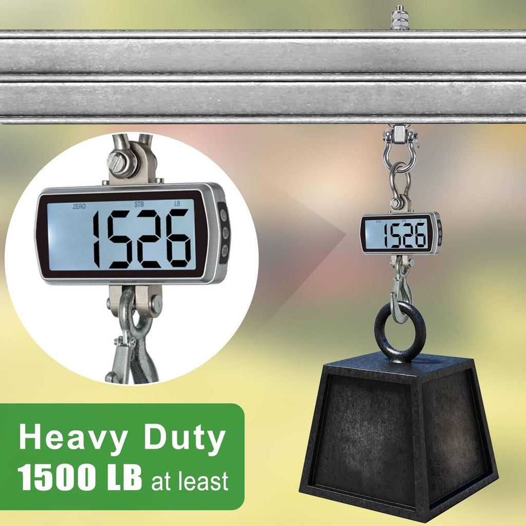Stainless steel swing hanger holding a hanging weight with a digital scale display