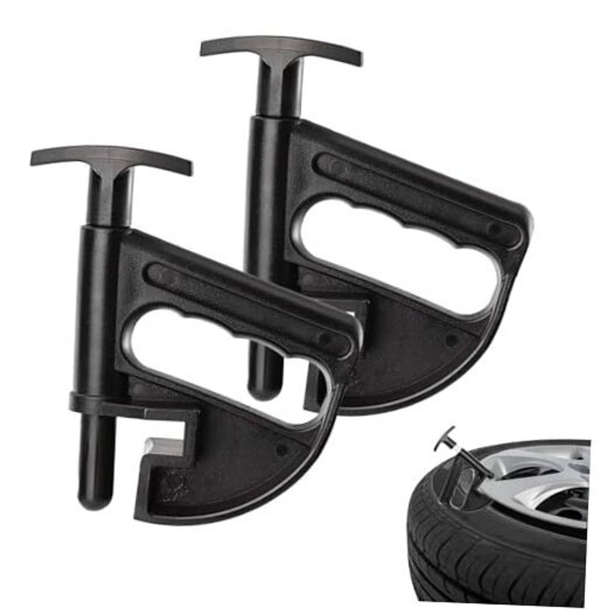 Universal tire bead pry clamp, two-piece set with black nylon handles