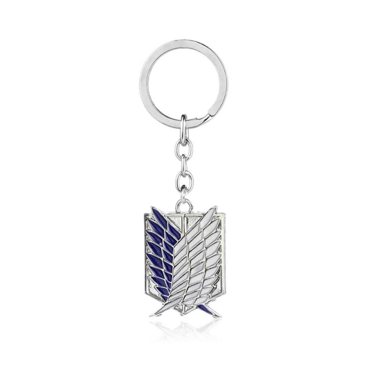 Metal keychain with blue-and-silver winged emblem and split key ring