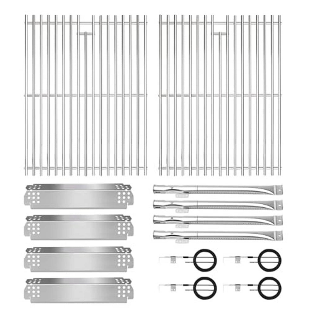 Stainless steel grill grate and heat shield replacement parts set with burner rails