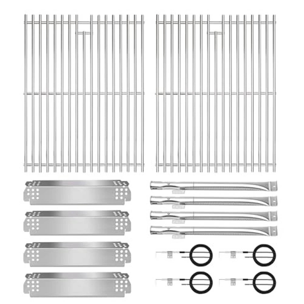 Stainless steel grill grate and heat shield replacement parts set with burner rails