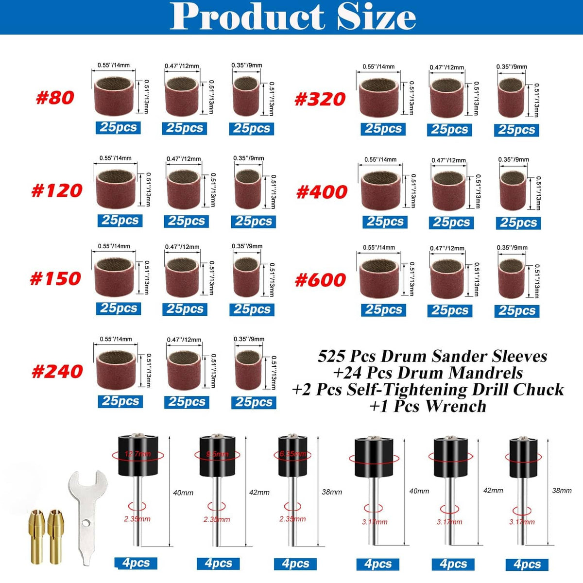 Sanding drum set size chart showing #80 to #600 grit abrasive sleeves and counts