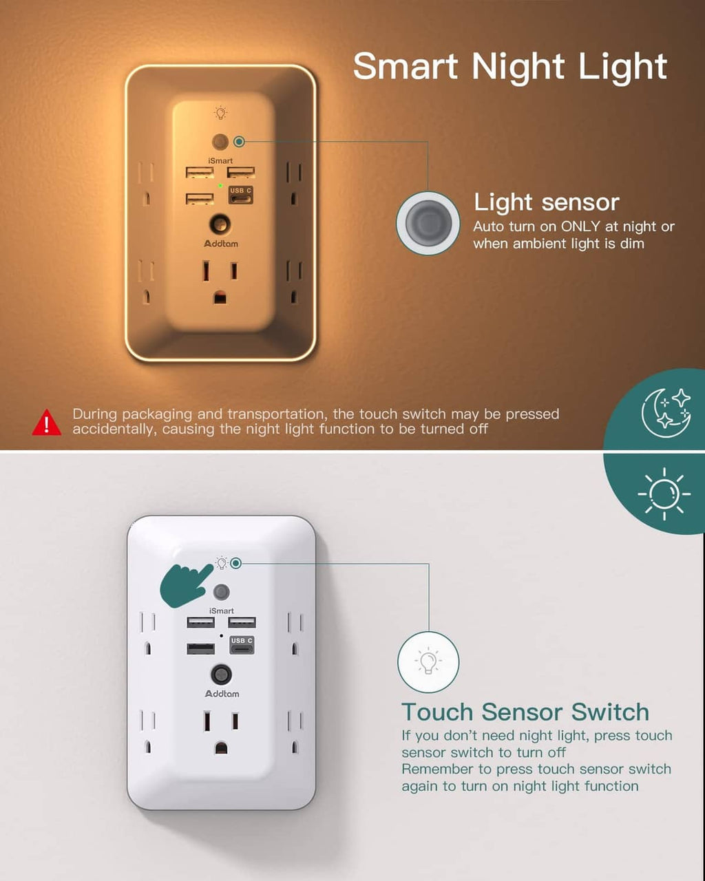White outlet extender with touch night-light sensor and light sensor indicator