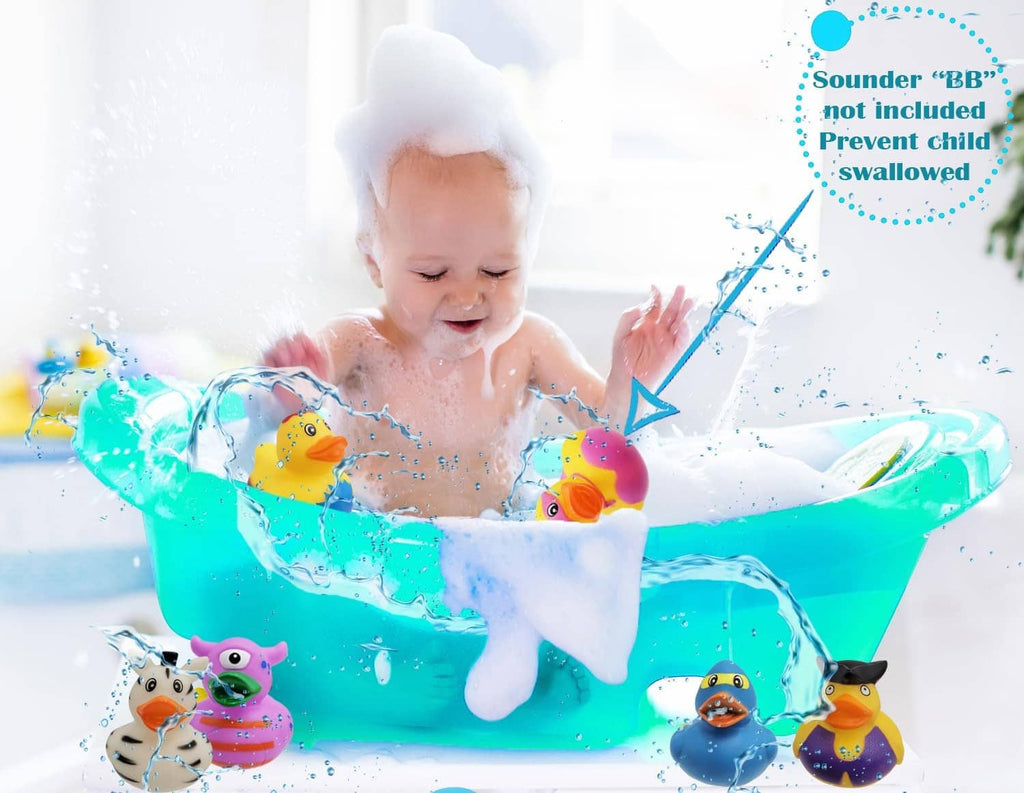 Baby bath time with assorted rubber ducks floating in the tub, splashing water bubbles
