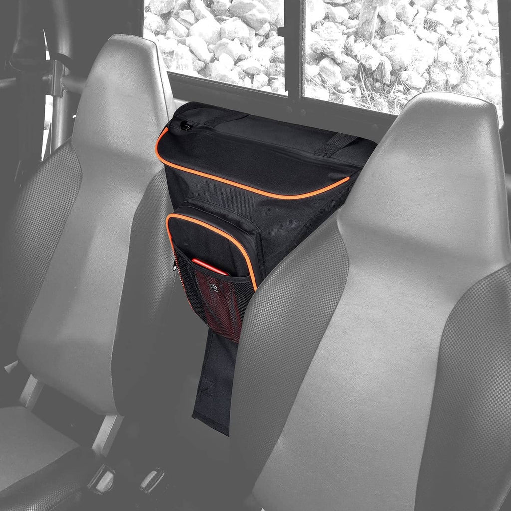 Center seat storage bag, black with orange piping, mounted between vehicle seats