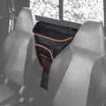 Center seat storage bag, black with orange piping, mounted between vehicle seats
