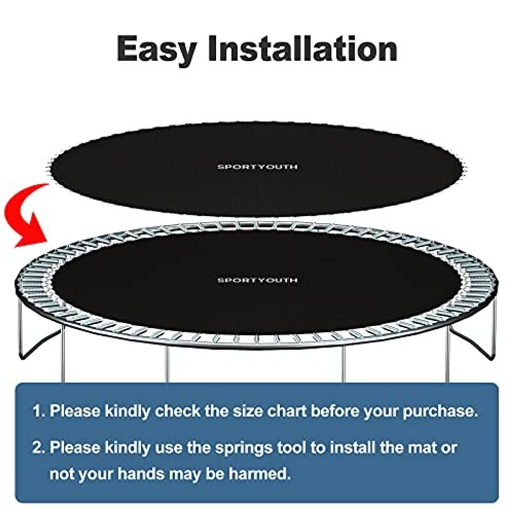 Two black round trampoline replacement mats with spring hooks and installation guidance