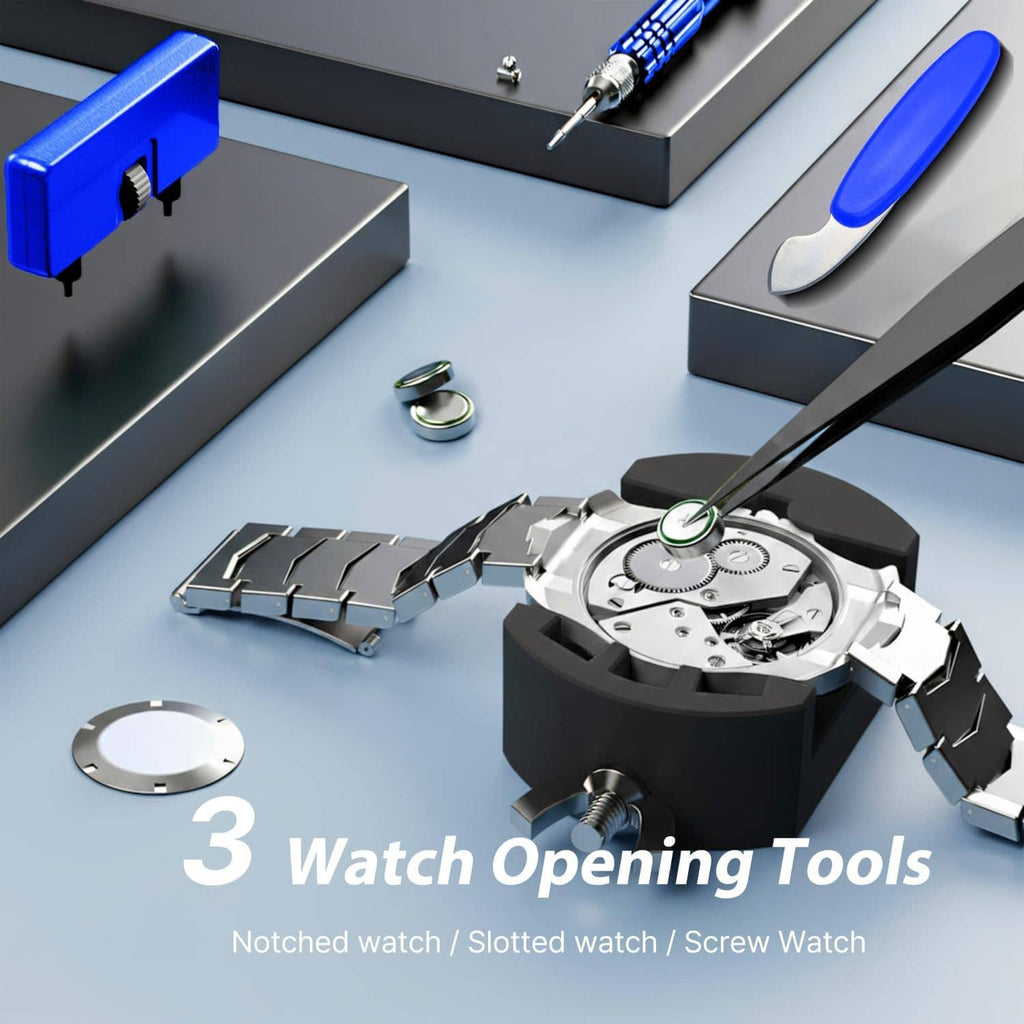 Watch battery repair tools with watch opener press tool, screwdriver, tweezers, and metal parts