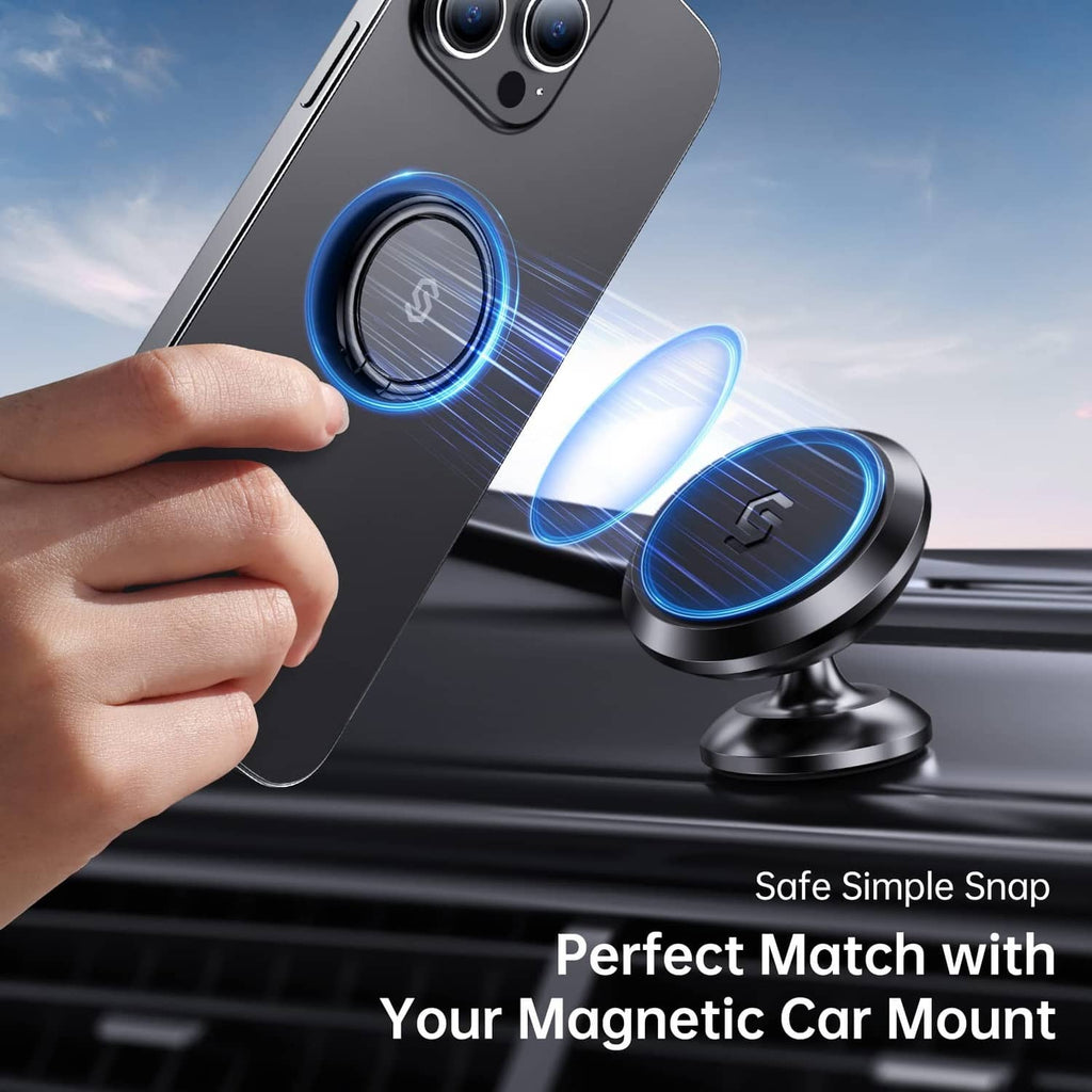Black phone finger ring holder stand attached to smartphone back