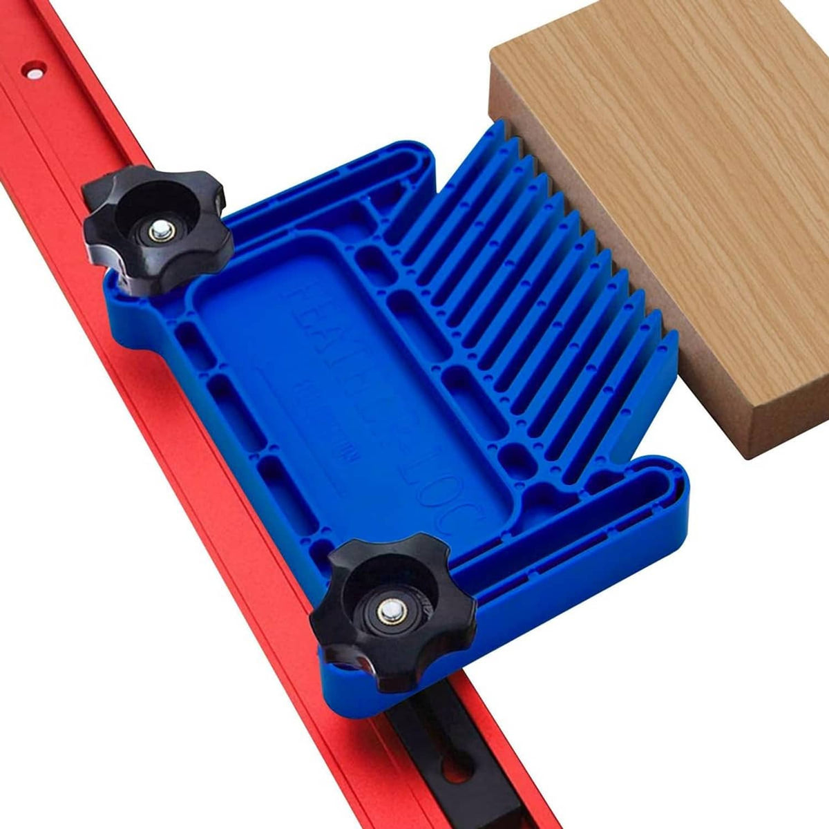 Blue featherboard clamp mounted on a red rail with two black lock knobs