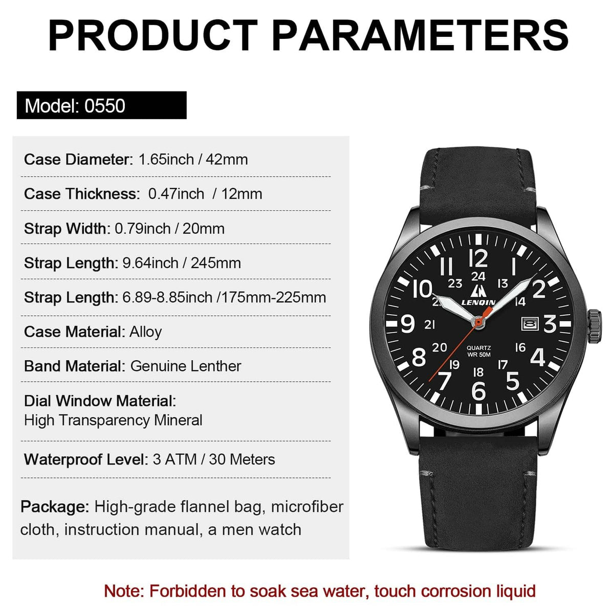 Mens analog watch product info view with black dial and black leather strap